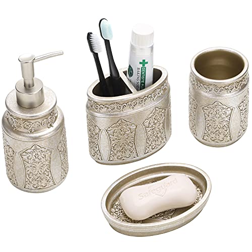 MyGift 4 Piece Vintage Silver Embossed Pattern Bathroom Accessory Set with Soap Dish, Tumbler, Toothbrush Holder, and Liquid Soap/Lotion Pump Dispenser