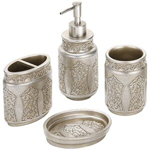 MyGift 4 Piece Vintage Silver Embossed Pattern Bathroom Accessory Set with Soap Dish, Tumbler, Toothbrush Holder, and Liquid Soap/Lotion Pump Dispenser