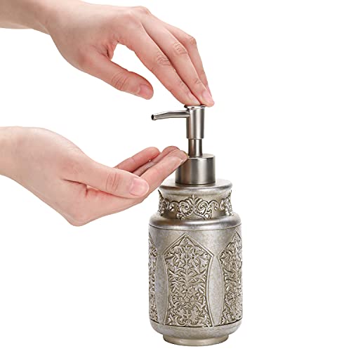 MyGift 4 Piece Vintage Silver Embossed Pattern Bathroom Accessory Set with Soap Dish, Tumbler, Toothbrush Holder, and Liquid Soap/Lotion Pump Dispenser