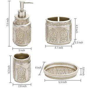 MyGift 4 Piece Vintage Silver Embossed Pattern Bathroom Accessory Set with Soap Dish, Tumbler, Toothbrush Holder, and Liquid Soap/Lotion Pump Dispenser