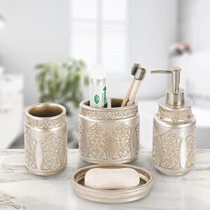 MyGift 4 Piece Vintage Silver Embossed Pattern Bathroom Accessory Set with Soap Dish, Tumbler, Toothbrush Holder, and Liquid Soap/Lotion Pump Dispenser