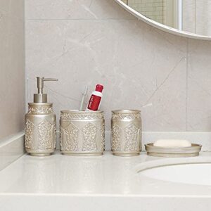 MyGift 4 Piece Vintage Silver Embossed Pattern Bathroom Accessory Set with Soap Dish, Tumbler, Toothbrush Holder, and Liquid Soap/Lotion Pump Dispenser