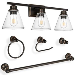 hykolity 3-light vanity light fixture, 5-piece all-in-one bathroom set (e26 bulb base), oil rubbed bronze wall lighting with glass shads, etl listed (bulb not included)