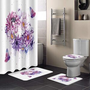Meet 1998 4 Pcs Shower Cuatain Sets Non-Slip Bath Rugs Purple Pink Floral Butterfly Toilet Cover Bathroom Decor for Kids Adults Watercolor Art,36x72 inch Waterproof Shower Curtainch with Hooks,Small