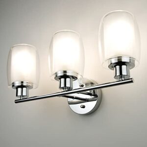 ct capetronix 3-light bathroom light fixture, 19 inches chrome vanity lights, with double layer anti-glare lamp shade, modern wall sconce lighting for bathroom, mirror, bedroom, living room, hallway