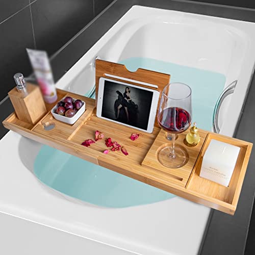 SDGH Extendable Bathtub Tray Wooden Bath Organizer Rack Bathroom Book Wine Tablet Holder Reading Shelf Bath Tray