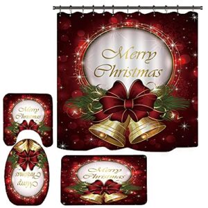 Novobey 4 Pcs Christmas Shower Curtain Sets with Non-Slip Rug, Toilet Lid Cover and Bath Mat, Waterproof Polyester Shower Curtain with 12 Hooks for Christmas Decoration