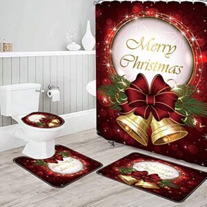 Novobey 4 Pcs Christmas Shower Curtain Sets with Non-Slip Rug, Toilet Lid Cover and Bath Mat, Waterproof Polyester Shower Curtain with 12 Hooks for Christmas Decoration