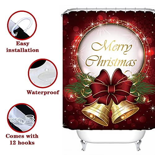 Novobey 4 Pcs Christmas Shower Curtain Sets with Non-Slip Rug, Toilet Lid Cover and Bath Mat, Waterproof Polyester Shower Curtain with 12 Hooks for Christmas Decoration