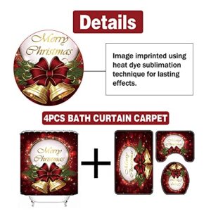 Novobey 4 Pcs Christmas Shower Curtain Sets with Non-Slip Rug, Toilet Lid Cover and Bath Mat, Waterproof Polyester Shower Curtain with 12 Hooks for Christmas Decoration