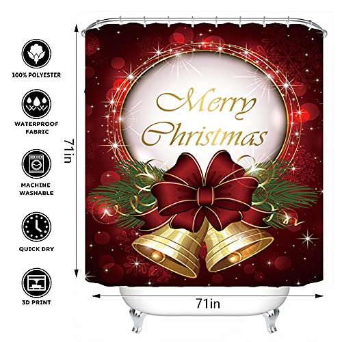 Novobey 4 Pcs Christmas Shower Curtain Sets with Non-Slip Rug, Toilet Lid Cover and Bath Mat, Waterproof Polyester Shower Curtain with 12 Hooks for Christmas Decoration