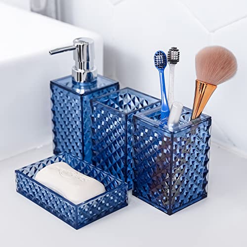 Bathroom Accessories Set, 4Pcs Blue Bathroom Accessories Sets Complete with Soap Dispenser, Toothbrush Holder,Tumbler,Soap Dish-Decorative Countertop Vanity Organizer