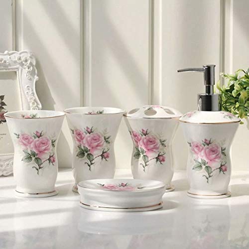 JruF Ceramic 5 Piece Set Bathroom Accessories Set, Bath Set Bathtub Set Soap Dispenser,Toothbrush Holder, Soap Dish, Tumbler Decoration, Gift Set,Pink Rose Flowers