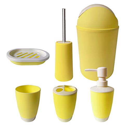 UNBAND Bathroom Accessories Set,6 Pcs Plastic Gift Set Toothbrush Holder,Toothbrush Cup,Soap Dispenser,Soap Dish,Toilet Brush Holder,Trash Can,Tumbler Straw Set Bathroom (Yellow)