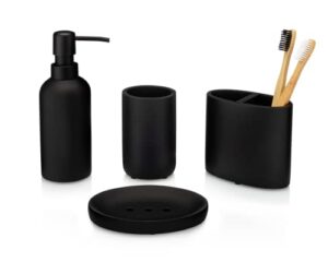 essentra home matte black bathroom accessory set. complete set includes: soap dispenser with black pump, toothbrush holder, tumbler and soap dish