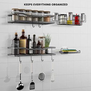 PUKOKAL Shower Caddy 4 Pack Shelf with Hooks Storage Rack Organizer, Stainless Steel Adhesive Caddy Shelves No Drilling with Toothbrush Holder Holder Soap for Bathroom, Restroom, Kitchen (Matte Black)