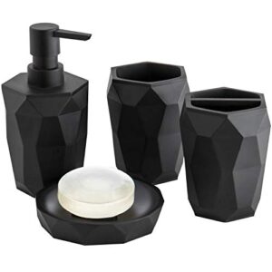 mygift 4 piece modern black resin bathroom accessories set with geometric design includes lotion pump bottle, toothbrush holder, tumbler and soap dish