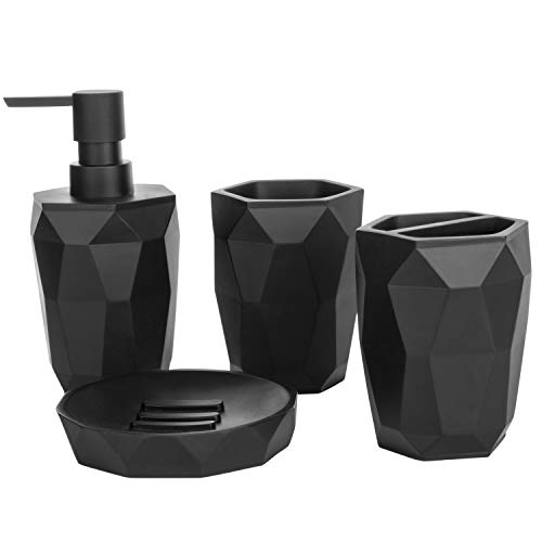 MyGift 4 Piece Modern Black Resin Bathroom Accessories Set with Geometric Design Includes Lotion Pump Bottle, Toothbrush Holder, Tumbler and Soap Dish