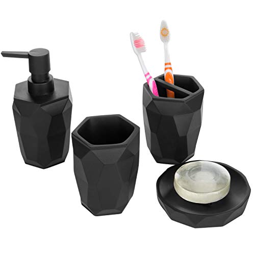 MyGift 4 Piece Modern Black Resin Bathroom Accessories Set with Geometric Design Includes Lotion Pump Bottle, Toothbrush Holder, Tumbler and Soap Dish