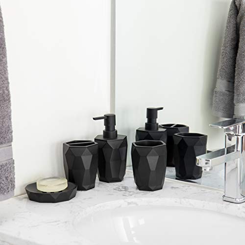 MyGift 4 Piece Modern Black Resin Bathroom Accessories Set with Geometric Design Includes Lotion Pump Bottle, Toothbrush Holder, Tumbler and Soap Dish