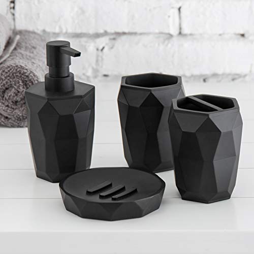 MyGift 4 Piece Modern Black Resin Bathroom Accessories Set with Geometric Design Includes Lotion Pump Bottle, Toothbrush Holder, Tumbler and Soap Dish