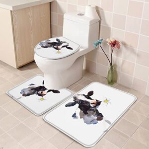 3 Piece Bath Rugs Sets,Watercolor Farm Cow with Daisy Toilet Sets Non Slip Bath Mat, Water Absorbent U-Shaped Contour Toilet Mat, Toilet Lid Cover,White Black