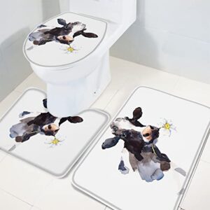 3 Piece Bath Rugs Sets,Watercolor Farm Cow with Daisy Toilet Sets Non Slip Bath Mat, Water Absorbent U-Shaped Contour Toilet Mat, Toilet Lid Cover,White Black