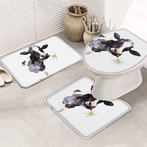 3 Piece Bath Rugs Sets,Watercolor Farm Cow with Daisy Toilet Sets Non Slip Bath Mat, Water Absorbent U-Shaped Contour Toilet Mat, Toilet Lid Cover,White Black