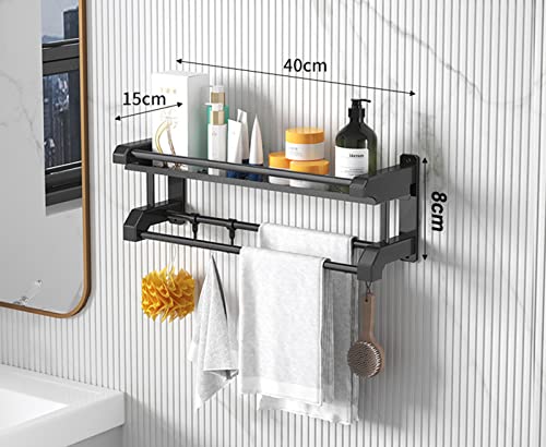 Shower Caddy Shelf Black No Drilling Shower Organizer with Hook Towel Bar Adhesive Rustproof Steel Shower Storage Shelves Adhesive Rack for Bathroom Washroom (Black)