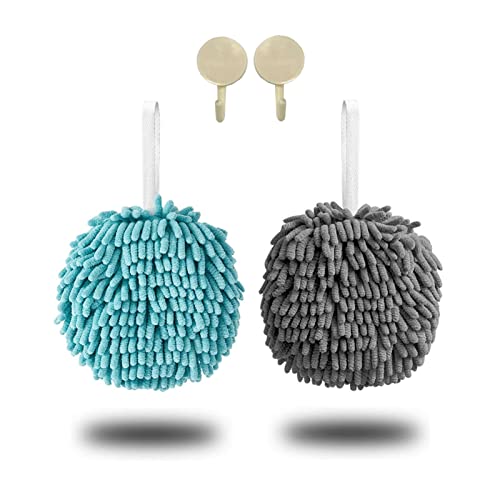 XINOBO 2 Pack Chenille Quick Dry Bath Hand Drying Puff Towel Balls, Creative Decorative Kitchen Hanging Fuzzy Towels Set Gadgets for Bathroom, Your Kids Hands Fast Drying - (Blue&Grey)