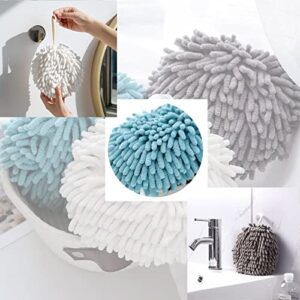 XINOBO 2 Pack Chenille Quick Dry Bath Hand Drying Puff Towel Balls, Creative Decorative Kitchen Hanging Fuzzy Towels Set Gadgets for Bathroom, Your Kids Hands Fast Drying - (Blue&Grey)