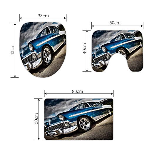 Old Classic Blue Car Bathroom Rugs and Mats Sets 3 Piece, Memory Foam Bath Mat, U-Shaped Contour Shower Mat Non Slip Absorbent, Velvet Toilet Lid Cover Washable