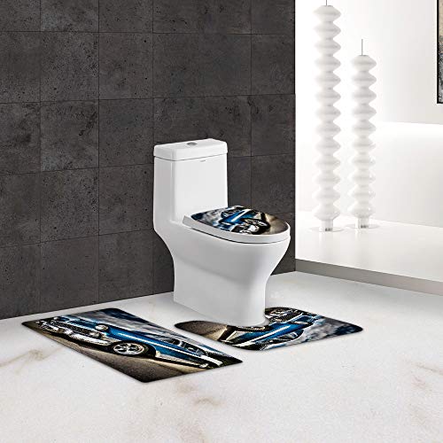 Old Classic Blue Car Bathroom Rugs and Mats Sets 3 Piece, Memory Foam Bath Mat, U-Shaped Contour Shower Mat Non Slip Absorbent, Velvet Toilet Lid Cover Washable