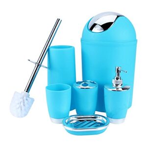 hurrise bathroom accessories set, 6 pcs plastic gift set includes toothbrush holder, toothbrush cup, soap dish, lotion bottle, toilet brush, trash can for decorative countertop, blue