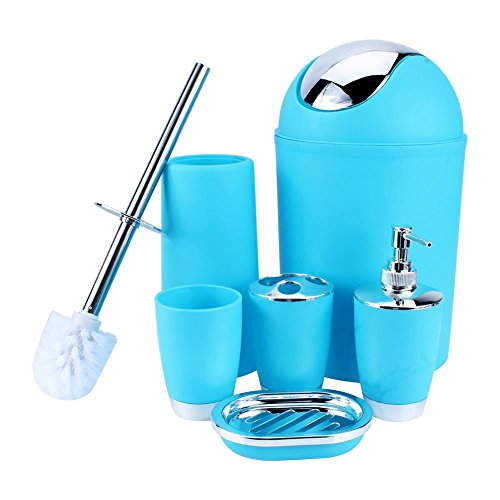 HURRISE Bathroom Accessories Set, 6 Pcs Plastic Gift Set Includes Toothbrush Holder, Toothbrush Cup, Soap Dish, Lotion Bottle, Toilet Brush, Trash Can for Decorative Countertop, Blue