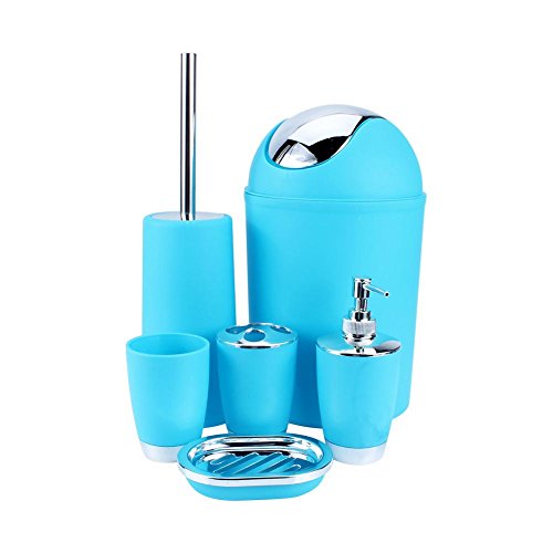 HURRISE Bathroom Accessories Set, 6 Pcs Plastic Gift Set Includes Toothbrush Holder, Toothbrush Cup, Soap Dish, Lotion Bottle, Toilet Brush, Trash Can for Decorative Countertop, Blue