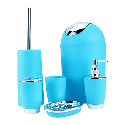 HURRISE Bathroom Accessories Set, 6 Pcs Plastic Gift Set Includes Toothbrush Holder, Toothbrush Cup, Soap Dish, Lotion Bottle, Toilet Brush, Trash Can for Decorative Countertop, Blue