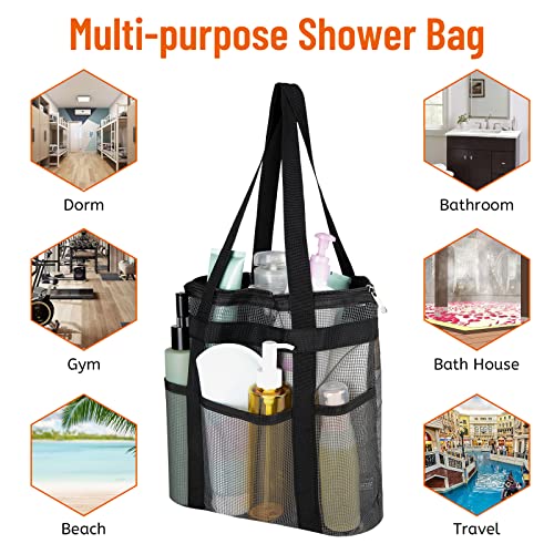 YAWSOUP Mesh Shower Caddy Portable,Quick Dry Hanging Shower Tote,with 4 Pockets,for College Dorm Room Essentials,Beach Shower Bag,Swimming,Gym - Black