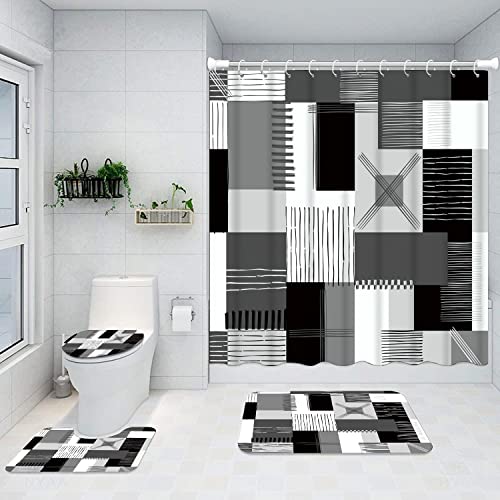 Shower Curtain Sets Black Bathroom Sets with Shower Curtains and Rugs Modern Home Bathroom Décor Accessories,Grey and White Shower Curtains Waterproof with Non-Slip Rugs Toilet Lid Cover and Bath Mat