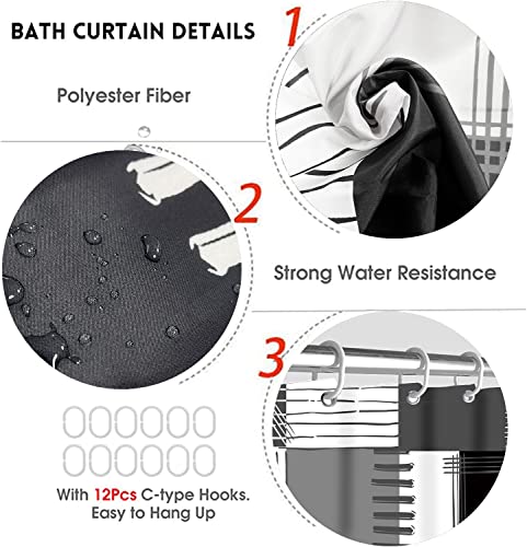 Shower Curtain Sets Black Bathroom Sets with Shower Curtains and Rugs Modern Home Bathroom Décor Accessories,Grey and White Shower Curtains Waterproof with Non-Slip Rugs Toilet Lid Cover and Bath Mat