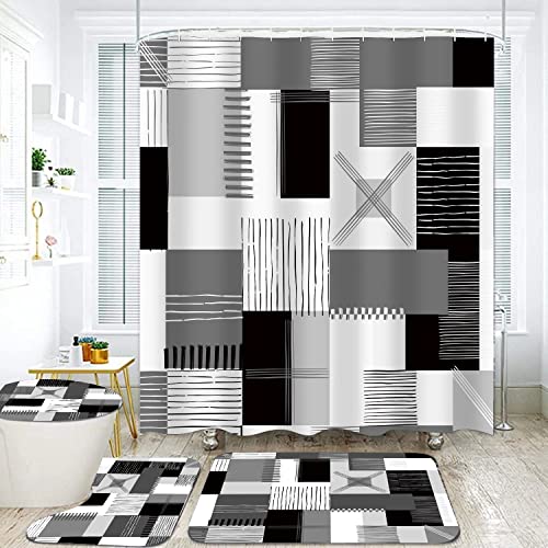 Shower Curtain Sets Black Bathroom Sets with Shower Curtains and Rugs Modern Home Bathroom Décor Accessories,Grey and White Shower Curtains Waterproof with Non-Slip Rugs Toilet Lid Cover and Bath Mat