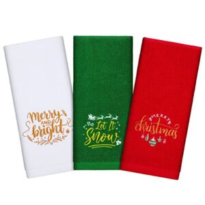 shojoy 3 pack christmas hand towels 100% cotton large size 25 x 14 inch christmas theme embroidery towels for christmas home bathroom kitchen decor (red, green, white)
