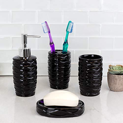 Home Basics Curves Textured 4 Piece Bath Bathroom Accessory Set (Black)