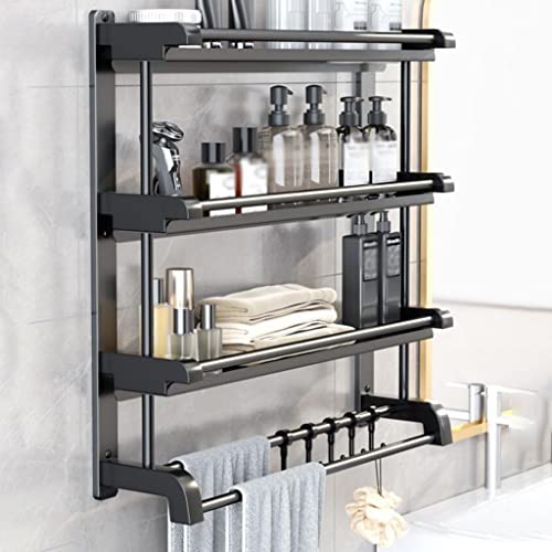 GIZNXBA Adhesive Hanging Shower Caddy, 3 Tier Stainless Steel Bathroom Organizer, Shower Shelves For Tile Walls With Removable Hook Shower Rack Organizer With Towel Rack (Color : /Black, Size : 50cm)