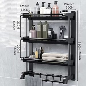 GIZNXBA Adhesive Hanging Shower Caddy, 3 Tier Stainless Steel Bathroom Organizer, Shower Shelves For Tile Walls With Removable Hook Shower Rack Organizer With Towel Rack (Color : /Black, Size : 50cm)