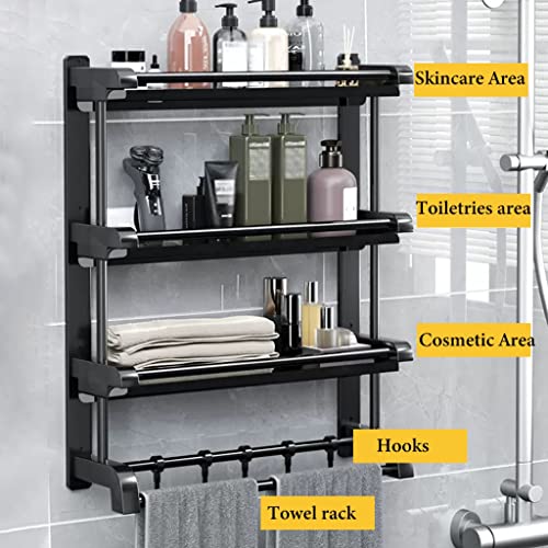 GIZNXBA Adhesive Hanging Shower Caddy, 3 Tier Stainless Steel Bathroom Organizer, Shower Shelves For Tile Walls With Removable Hook Shower Rack Organizer With Towel Rack (Color : /Black, Size : 50cm)