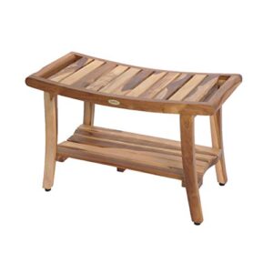 ecodecors harmony teak shower bench 30" long natural wood shower bench with shelf and liftaide arms shower stool in earthy teak finish for indoors and outdoors
