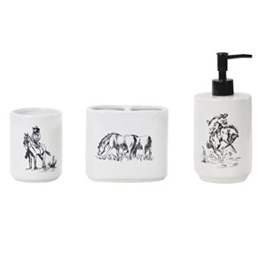 paseo road by hiend accents | ranch life western 3 piece countertop bathroom accessory set with soap lotion dispenser, tumbler, toothbrush holder, horse cowboy cow longhorn themed bath accessories