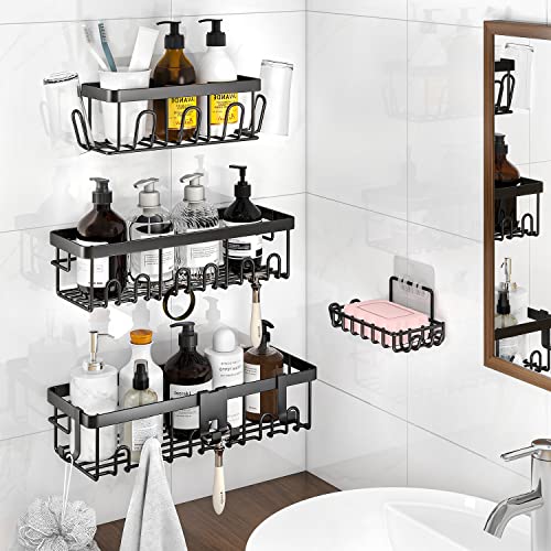 biukpci 4 Pack Shower Caddy Shelf with 20 Hooks and Soap Holder Rustproof Stainless Steel Shower Shelves Adhesive Bathroom Shower Storage Organizer