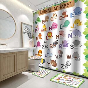 kinuuis 4pc animals alphabet bathroom shower curtain sets kids bathroom sets cartoon bathroom sets with rugs and accessories cute style shower curtain for bathroom decoration